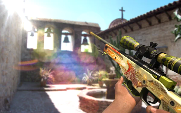 HD desktop wallpaper of the Dragon Lore AWP and Azimov Guns from Counter-Strike: Global Offensive, set in a bright, sunny in-game environment.