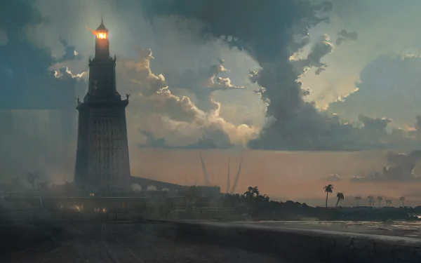 HD PC desktop wallpaper featuring a moody coastal scene with a lighthouse from the video game Assassin's Creed Origins at sunset.