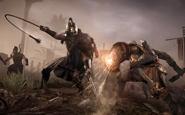 4K Ultra HD PC desktop wallpaper featuring Bayek of Siwa in action from the video game Assassin's Creed Origins, showcasing dynamic combat in a foggy battlefield.