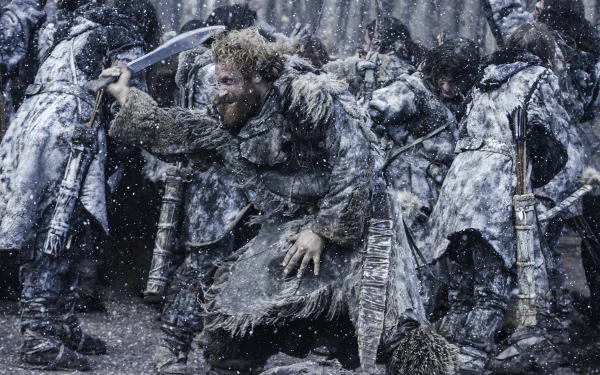 Kristofer Hivju as Tormund Giantsbane in a snowy battle scene from the TV show Game of Thrones, presented as a 4K Ultra HD PC desktop wallpaper.
