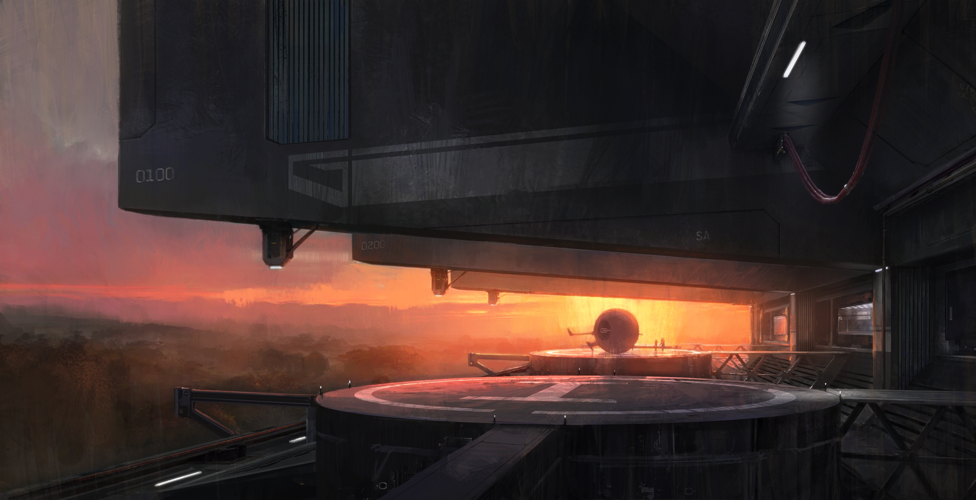HD sci-fi desktop wallpaper showing a futuristic structure overlooking a glowing orange sunset landscape.