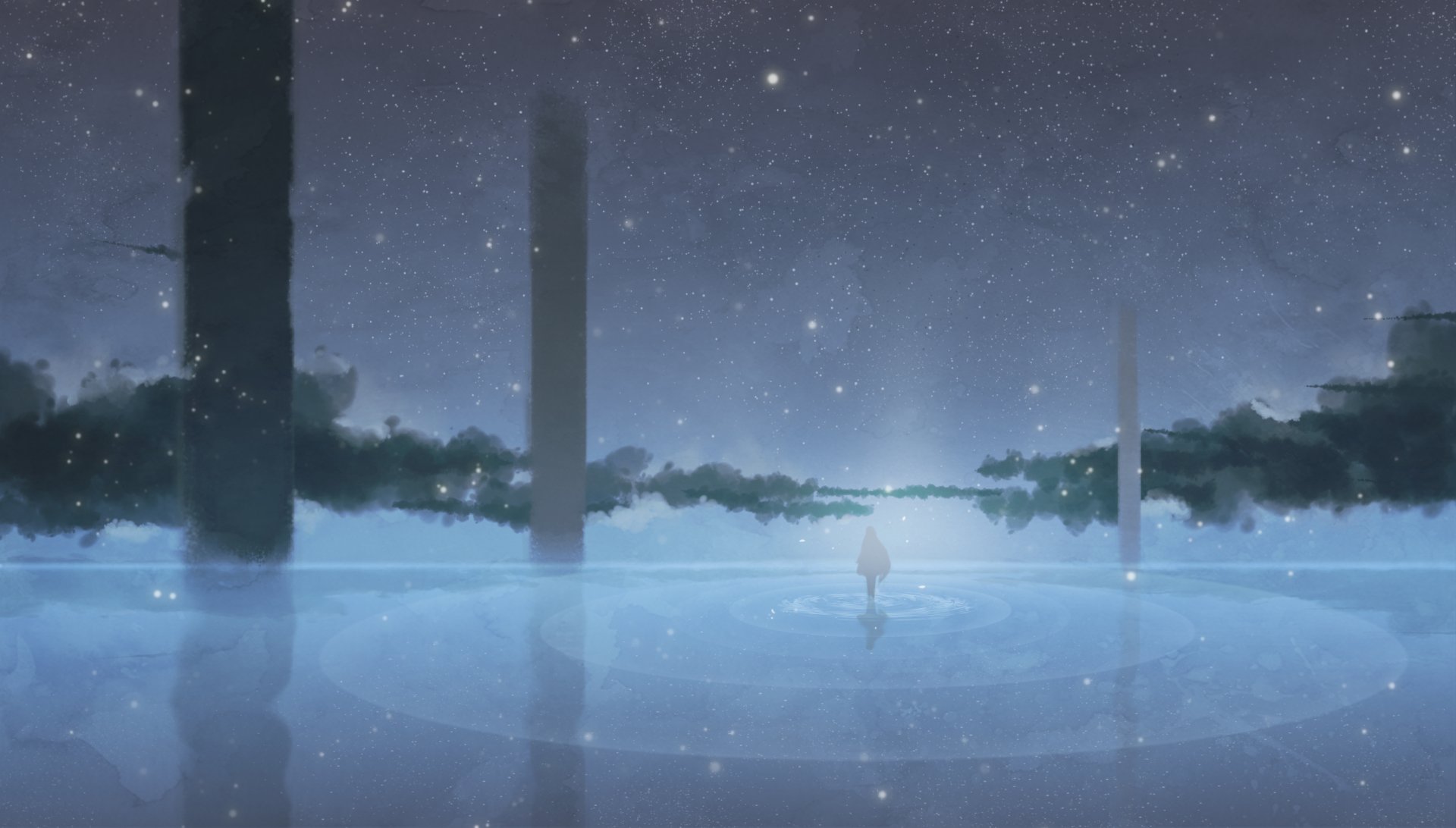 Anime-style HD desktop wallpaper depicting a starry night with fog and snow over a serene lake, blending original art elements for a tranquil, mystical atmosphere.