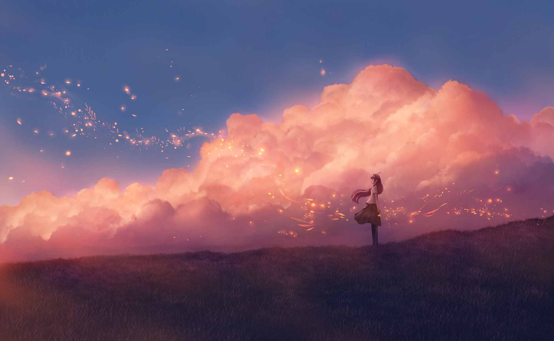 A stunning HD anime wallpaper featuring a lone figure standing on a grassy hill, gazing at a serene sky filled with glowing clouds during what appears to be dusk or dawn.