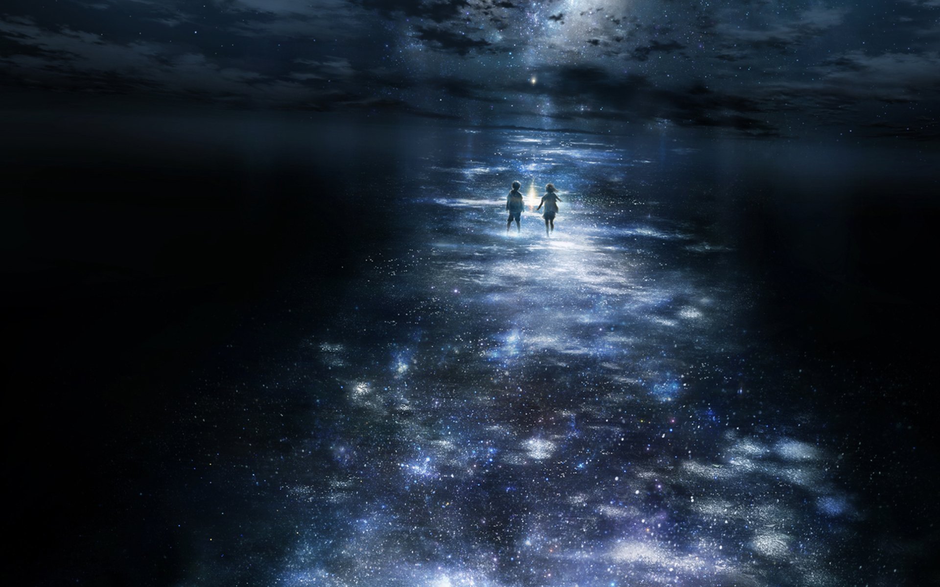 Two figures stand on a starry, cloud-reflecting path under a dark, moonlit sky. An anime-style image capturing the beauty of space, tagged with reflection, star, cloud, and space.