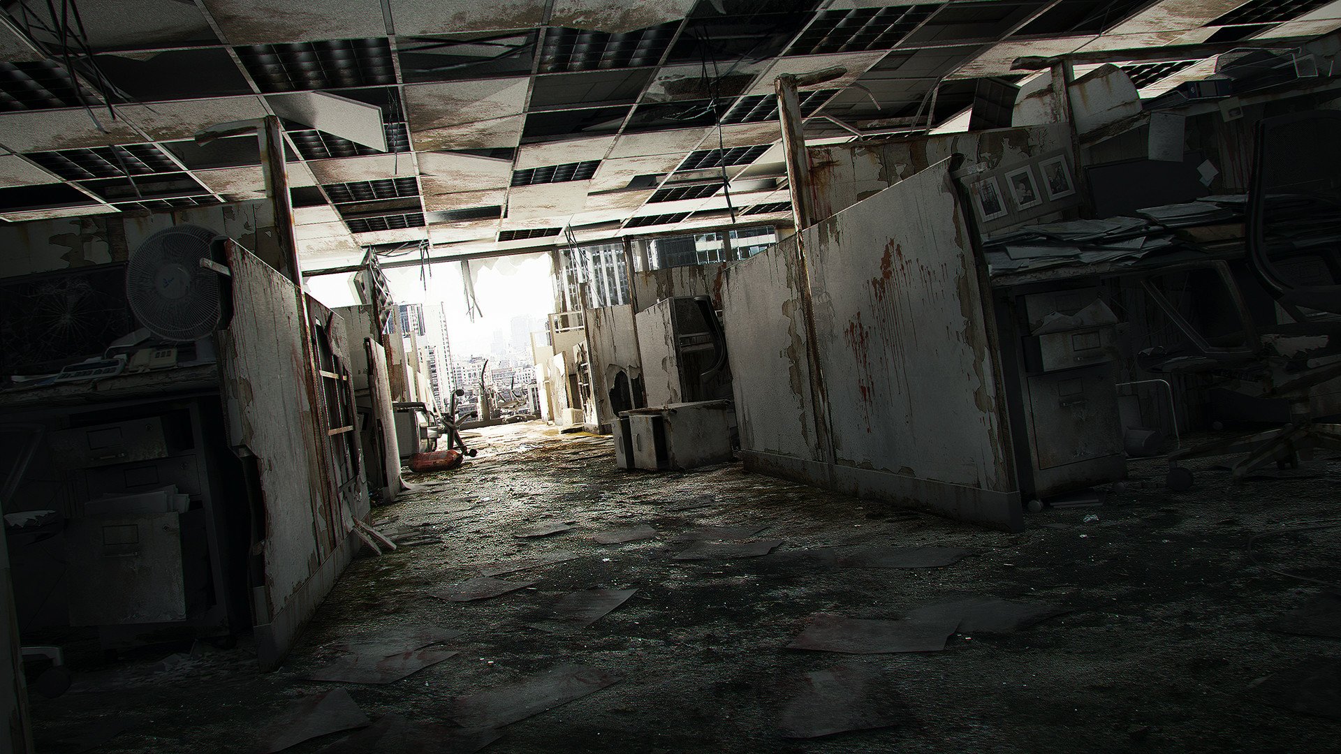 Sci-fi post-apocalyptic HD PC desktop wallpaper/background: ruined office corridor with collapsed ceiling tiles, scattered debris and a bright, washed-out light at a distant exit.