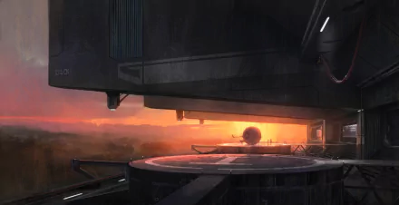 HD sci-fi desktop wallpaper showing a futuristic structure overlooking a glowing orange sunset landscape.