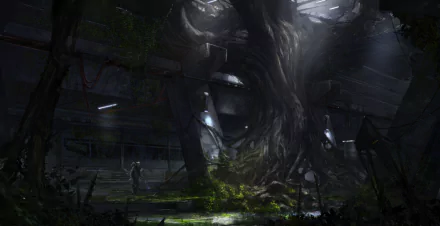 A dark post-apocalyptic sci-fi scene featuring a massive tree intertwined with industrial ruins. The HD desktop wallpaper captures an eerie blend of nature reclaiming a decaying, futuristic structure.