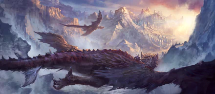 A fantasy HD desktop wallpaper featuring dragons with wings flying over cloud-covered mountains. A magical and majestic landscape unfolds in the background.