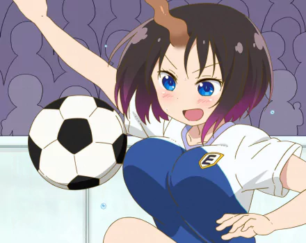 HD PC desktop wallpaper featuring Elma from the anime Miss Kobayashi's Dragon Maid, depicted energetically playing soccer with a ball in mid-air.
