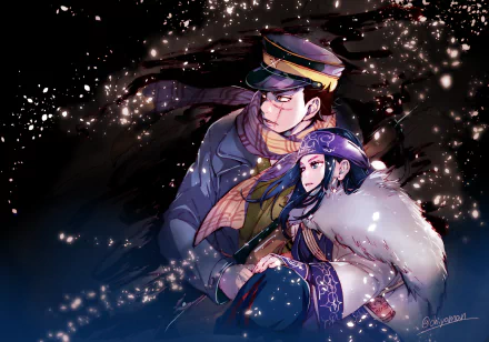 HD wallpaper featuring Asirpa and Saichi Sugimoto from the anime Golden Kamuy, surrounded by a dark, snowy background. The intricate details and expressive characters make for a captivating desktop background.