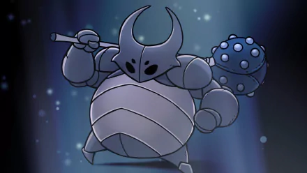 HD PC desktop wallpaper featuring the False Knight from the video game Hollow Knight, showcasing the character in detailed, stylized artwork with a dark, moody background.