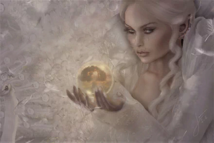 A fantasy HD wallpaper of a white-haired witch with tears, holding a glowing crystal ball, surrounded by soft white feathers and a peacock in a mystical atmosphere.