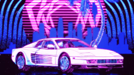 Artistic retro HD PC desktop wallpaper and background: neon-pink and electric-blue 1980s sports car on a glossy street, palm tree and stylized city skyline under a glowing grid sky.