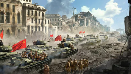 HD desktop wallpaper depicting World War II Russian soldiers and tanks advancing through a war-torn city with buildings in ruins and red flags waving.