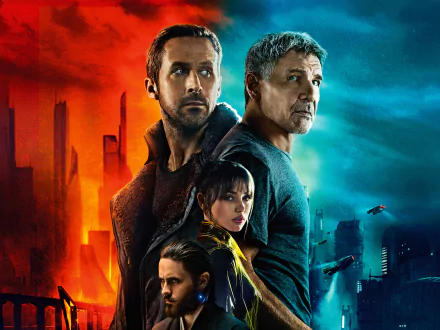 HD wallpaper of Blade Runner 2049 featuring Rick Deckard, Joi, and Officer K, portrayed by Harrison Ford, Ana de Armas, and Ryan Gosling, against a futuristic cityscape background.