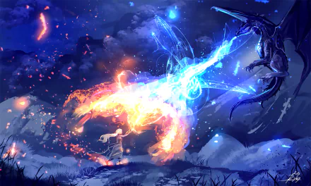 HD fantasy wallpaper featuring Daenerys Targaryen and a dragon engaged in a magical battle at night, inspired by A Song of Ice and Fire series. The scene is vibrant with contrasting fire and blue magic.