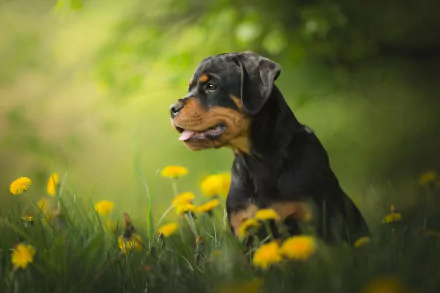 A HD desktop wallpaper featuring a cute Rottweiler puppy sitting amidst vibrant yellow dandelions in a lush green field. The background depicts a serene and natural springtime setting.