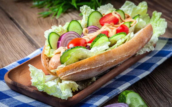 A vibrant vegetable hot dog with lettuce, tomato, cucumber, and onion on a wooden tray, captured in 4K Ultra HD as a PC desktop wallpaper and background.