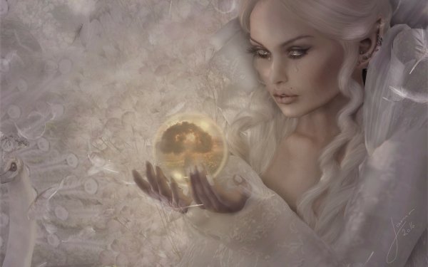 Fantasy Witch White Crystal Ball Peacock Tears White Hair HD Wallpaper | Background Image
