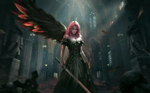 An HD wallpaper featuring a fallen angel with pink hair and dark wings, wielding a sword within a dimly lit cathedral, exuding a dark fantasy and angel warrior theme.