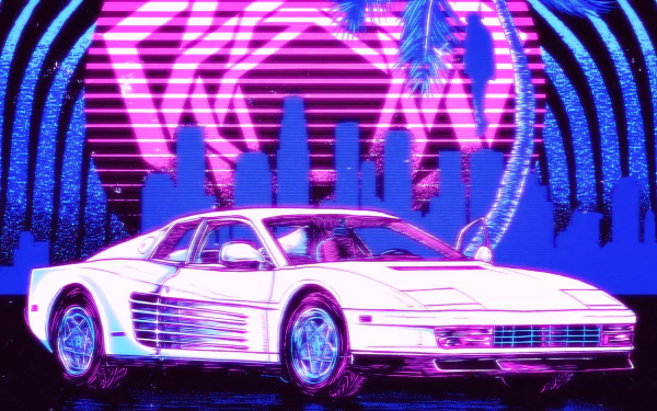 Artistic retro HD PC desktop wallpaper and background: neon-pink and electric-blue 1980s sports car on a glossy street, palm tree and stylized city skyline under a glowing grid sky.