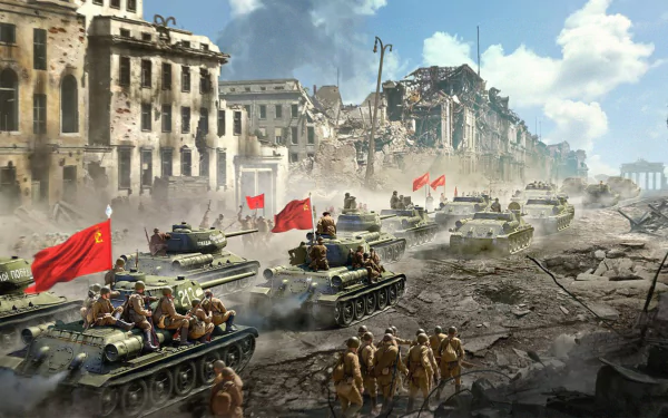 HD desktop wallpaper depicting World War II Russian soldiers and tanks advancing through a war-torn city with buildings in ruins and red flags waving.