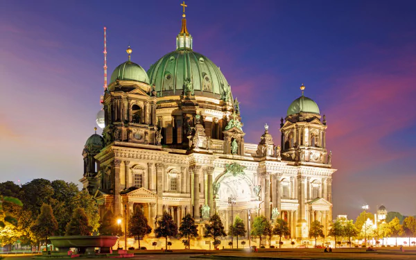 Night view of Berlin Cathedral, a grand religious architecture landmark in Germany, captured in stunning 4K Ultra HD as a PC desktop wallpaper and background.