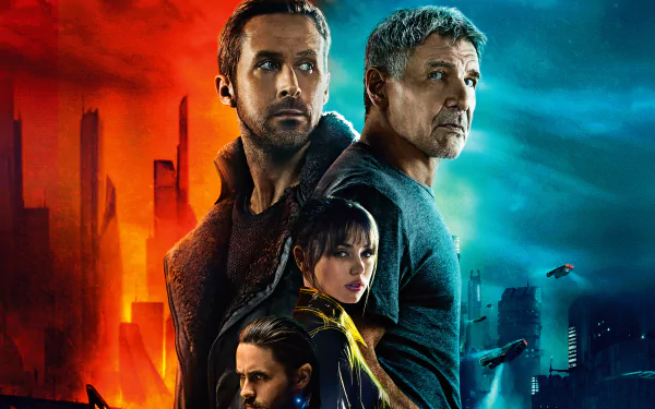 HD wallpaper of Blade Runner 2049 featuring Rick Deckard, Joi, and Officer K, portrayed by Harrison Ford, Ana de Armas, and Ryan Gosling, against a futuristic cityscape background.