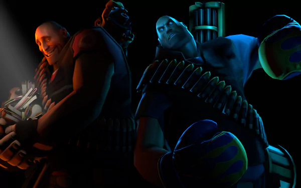 4K Ultra HD Team Fortress 2 desktop wallpaper featuring three detailed, shadowed characters from the video game with dramatic lighting and dark background.