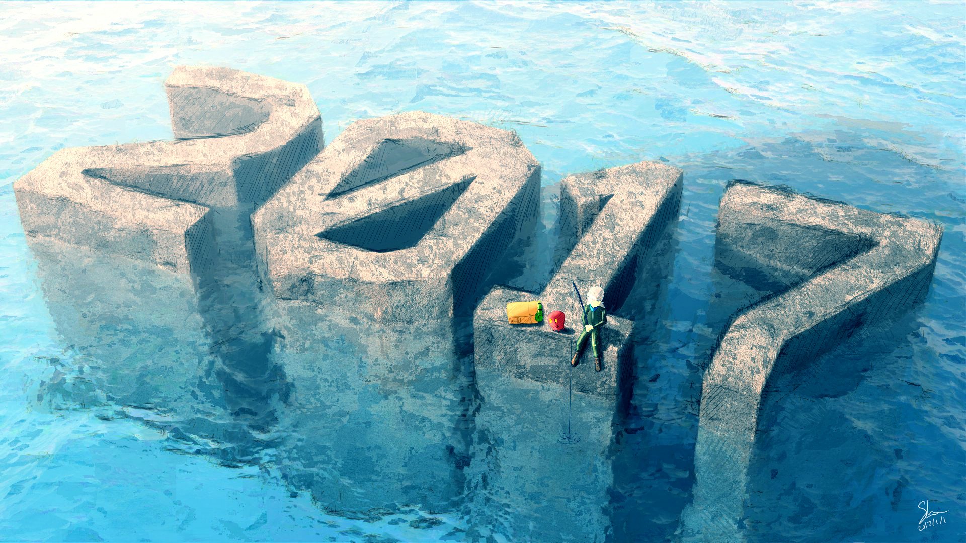 HD anime original desktop wallpaper featuring a character sitting on large stone letters partially submerged in clear blue water.