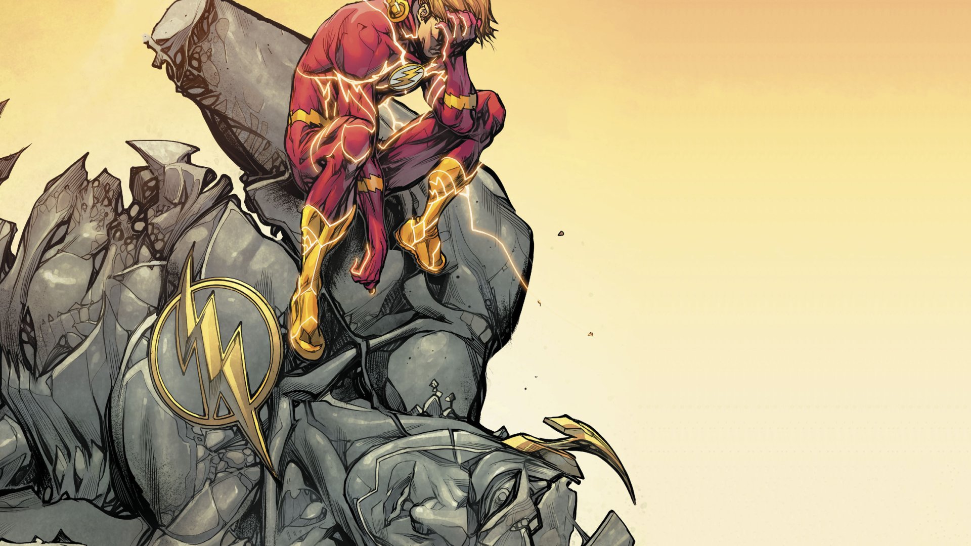 HD desktop wallpaper featuring the Flash from DC Comics sitting contemplatively on a shattered statue against a gradient yellow background.