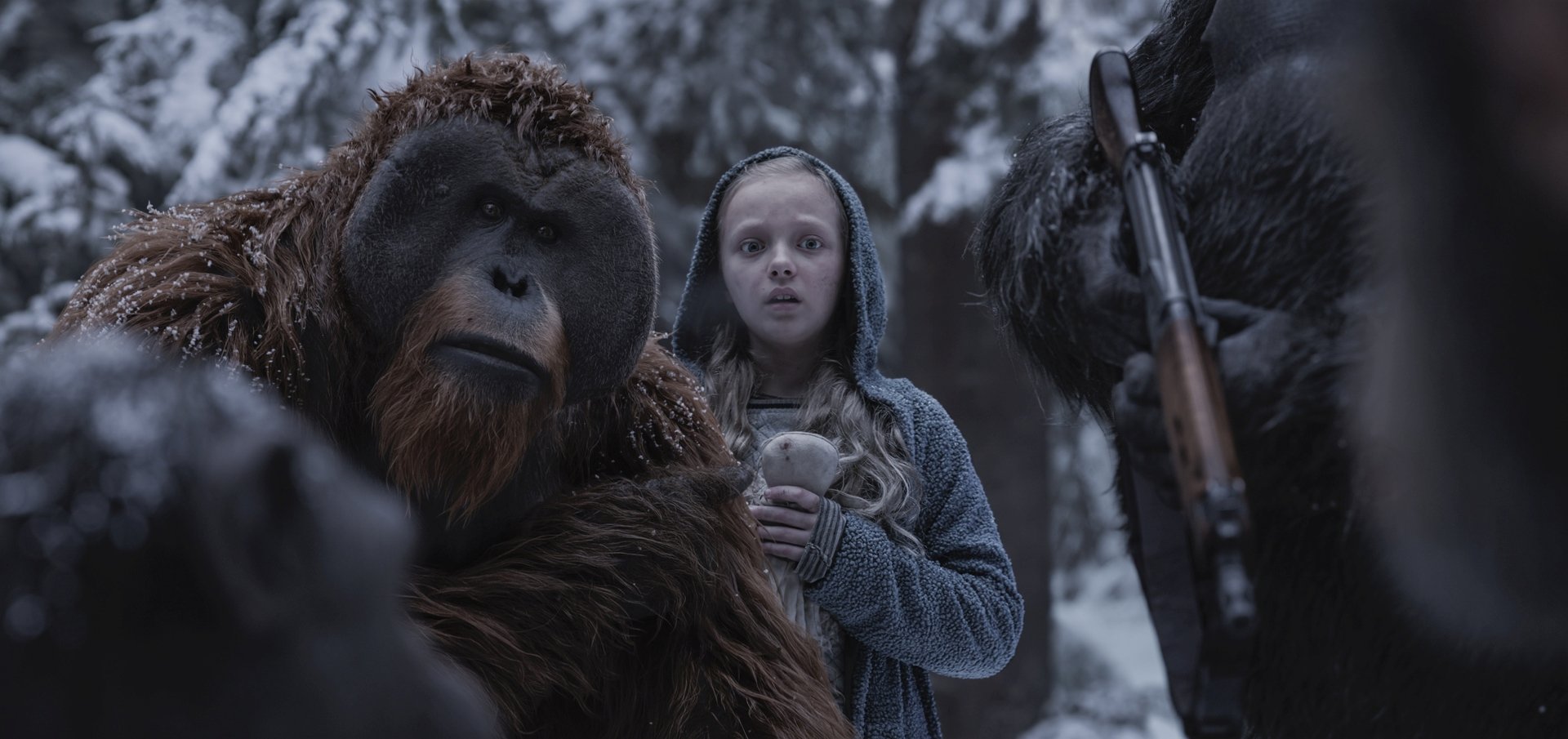 HD desktop wallpaper from War For The Planet Of The Apes, showing a young girl and apes in a snowy forest setting, with a serene yet intense atmosphere.