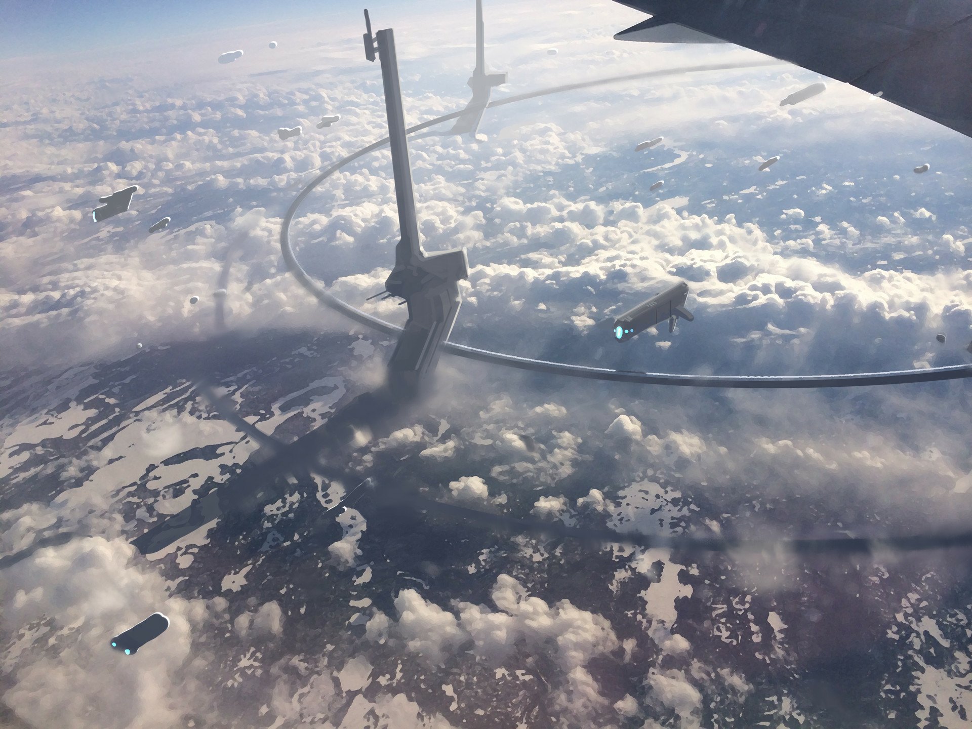 A sci-fi HD desktop wallpaper featuring futuristic aircraft flying above clouds near towering skyscrapers and buildings viewed from high altitude.