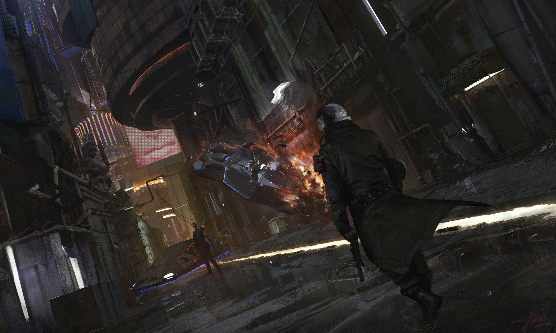 HD desktop wallpaper of a sci-fi cyberpunk city at night with neon lights and futuristic vehicles. A person in a trench coat walks on a rainy street, showcasing a dystopian urban atmosphere.