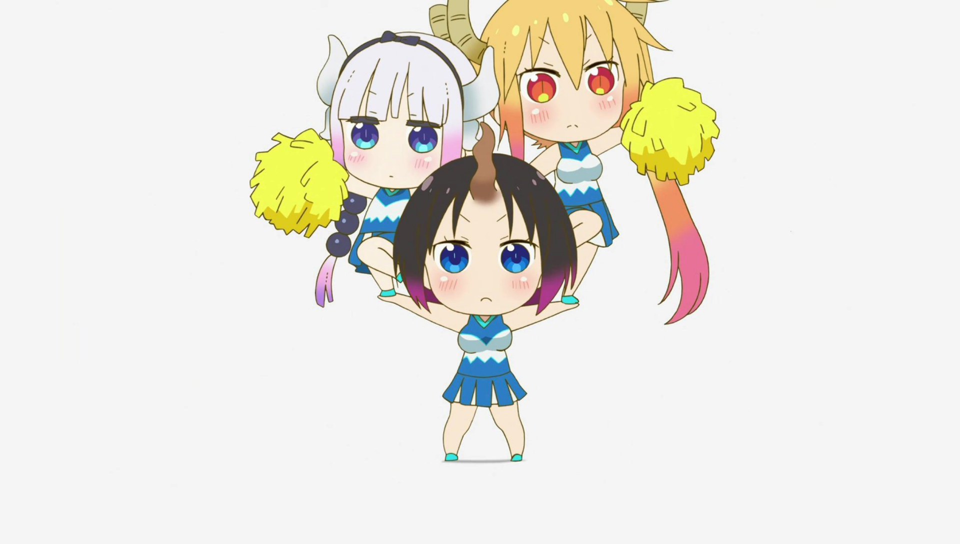 Chibi versions of Kanna Kamui, Tohru, and Elma from Miss Kobayashi's Dragon Maid in cheerleader outfits, forming a pyramid, smiling and holding yellow pom-poms. HD desktop wallpaper.