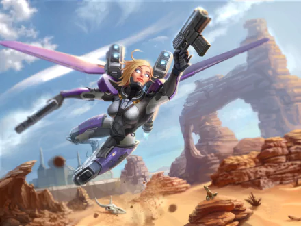 HD PC desktop wallpaper: short‑haired blonde woman warrior in sci‑fi armor, dual blasters and jetpack soaring over a rocky desert canyon arch.