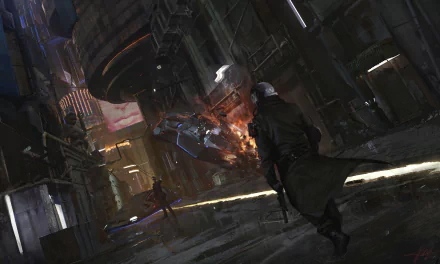 HD desktop wallpaper of a sci-fi cyberpunk city at night with neon lights and futuristic vehicles. A person in a trench coat walks on a rainy street, showcasing a dystopian urban atmosphere.