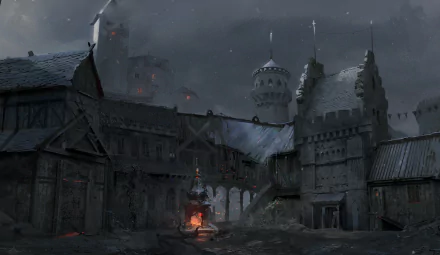 A dark fantasy scene of a village at night with a fire burning near a stone tower and medieval-style houses, rendered as an HD PC desktop wallpaper.