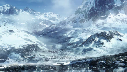 A stunning HD desktop wallpaper featuring a fantasy landscape of snow-covered mountains shrouded in fog.