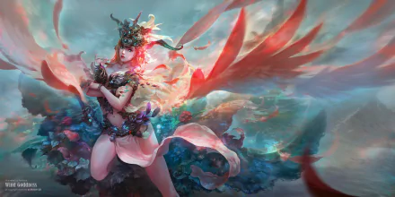 Fantasy HD wallpaper of a woman with blue eyes and red hair, adorned with a crown and surrounded by flowers, set against a vivid, ethereal background.