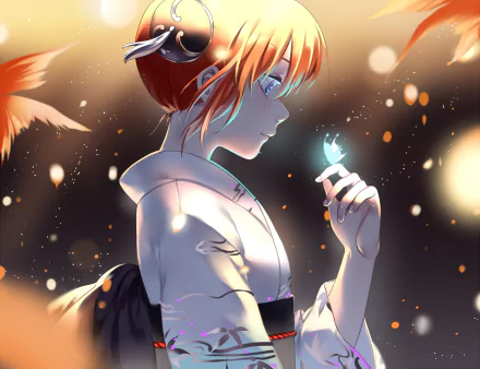 HD desktop wallpaper featuring Kagura from the anime Gintama, set against a serene night scene with glowing embers floating around.