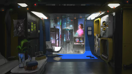 A cyberpunk-themed room with futuristic decor, illuminated by neon lights and cityscape view through the window at night. HD desktop wallpaper and background showcasing a sci-fi atmosphere inside a building.