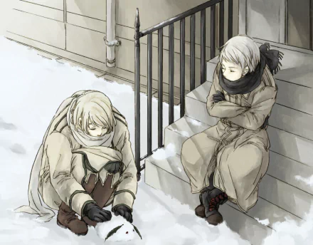 Anime Hetalia Axis Powers HD PC desktop wallpaper and background: two bundled pale-haired characters in winter coats sitting on snowy steps and ground, rendered in muted sepia tones.