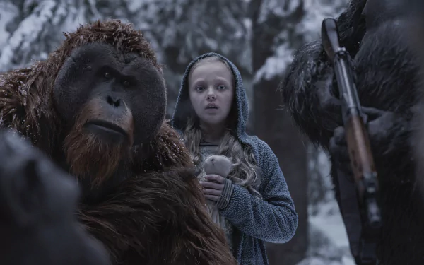 HD desktop wallpaper from War For The Planet Of The Apes, showing a young girl and apes in a snowy forest setting, with a serene yet intense atmosphere.