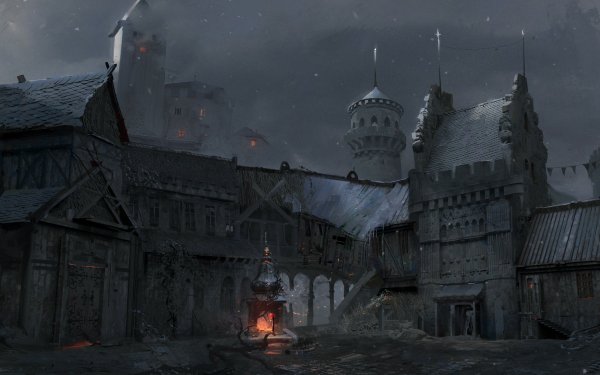 Fantasy Building House Night Tower Fire HD Wallpaper | Background Image