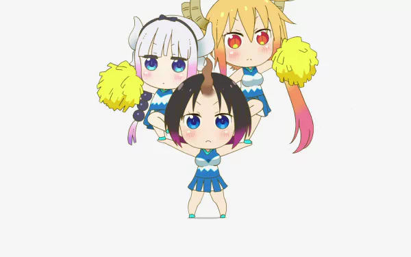 Chibi versions of Kanna Kamui, Tohru, and Elma from Miss Kobayashi's Dragon Maid in cheerleader outfits, forming a pyramid, smiling and holding yellow pom-poms. HD desktop wallpaper.