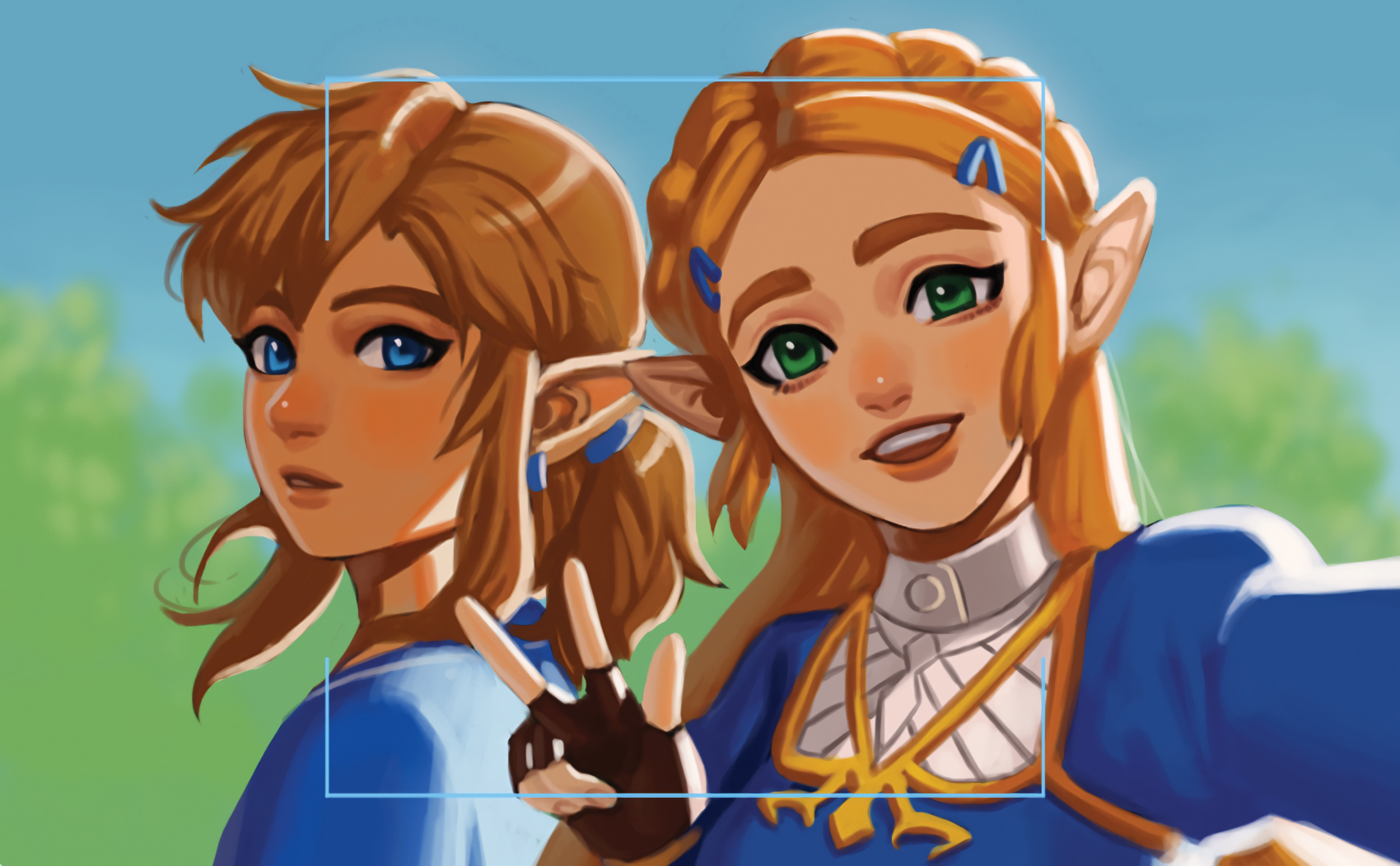 A HD desktop wallpaper featuring Zelda and Link from the video game The Legend of Zelda: Breath of the Wild, set against a bright, outdoor background.