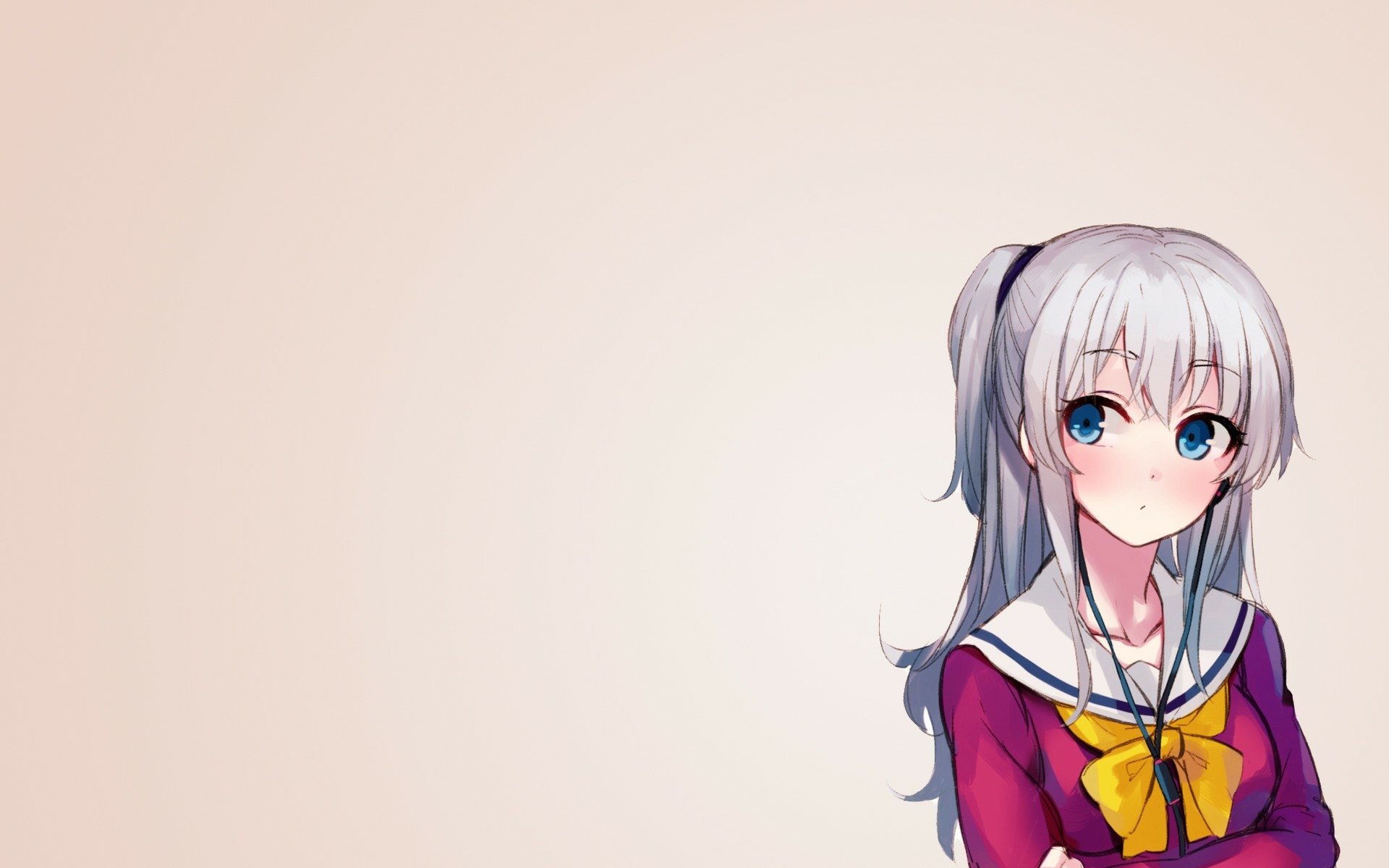 Nao Tomori from the anime Charlotte is depicted in this HD desktop wallpaper. She wears a purple school uniform with a yellow bow, set against a soft background.