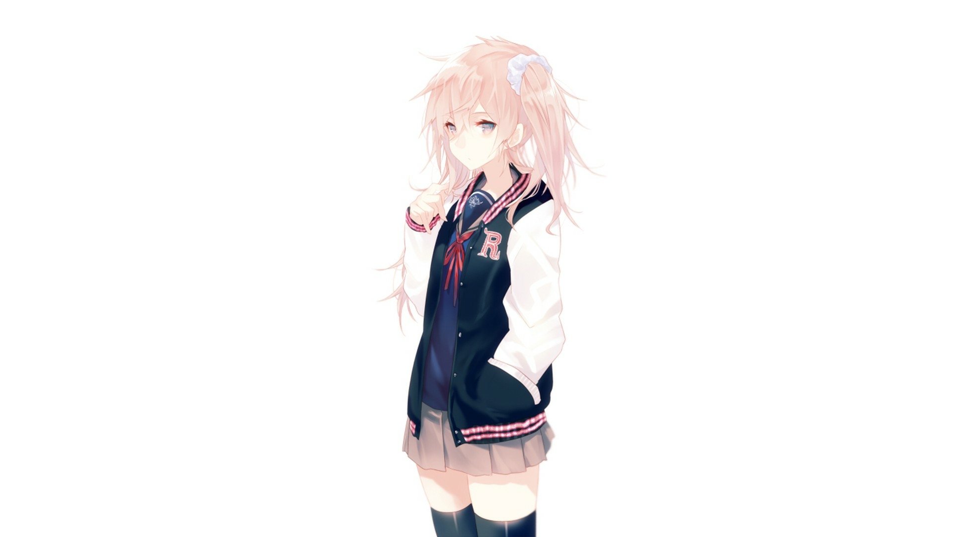 HD anime desktop wallpaper featuring an original character with long pink hair, wearing a black and white varsity jacket and knee-high socks against a white background.