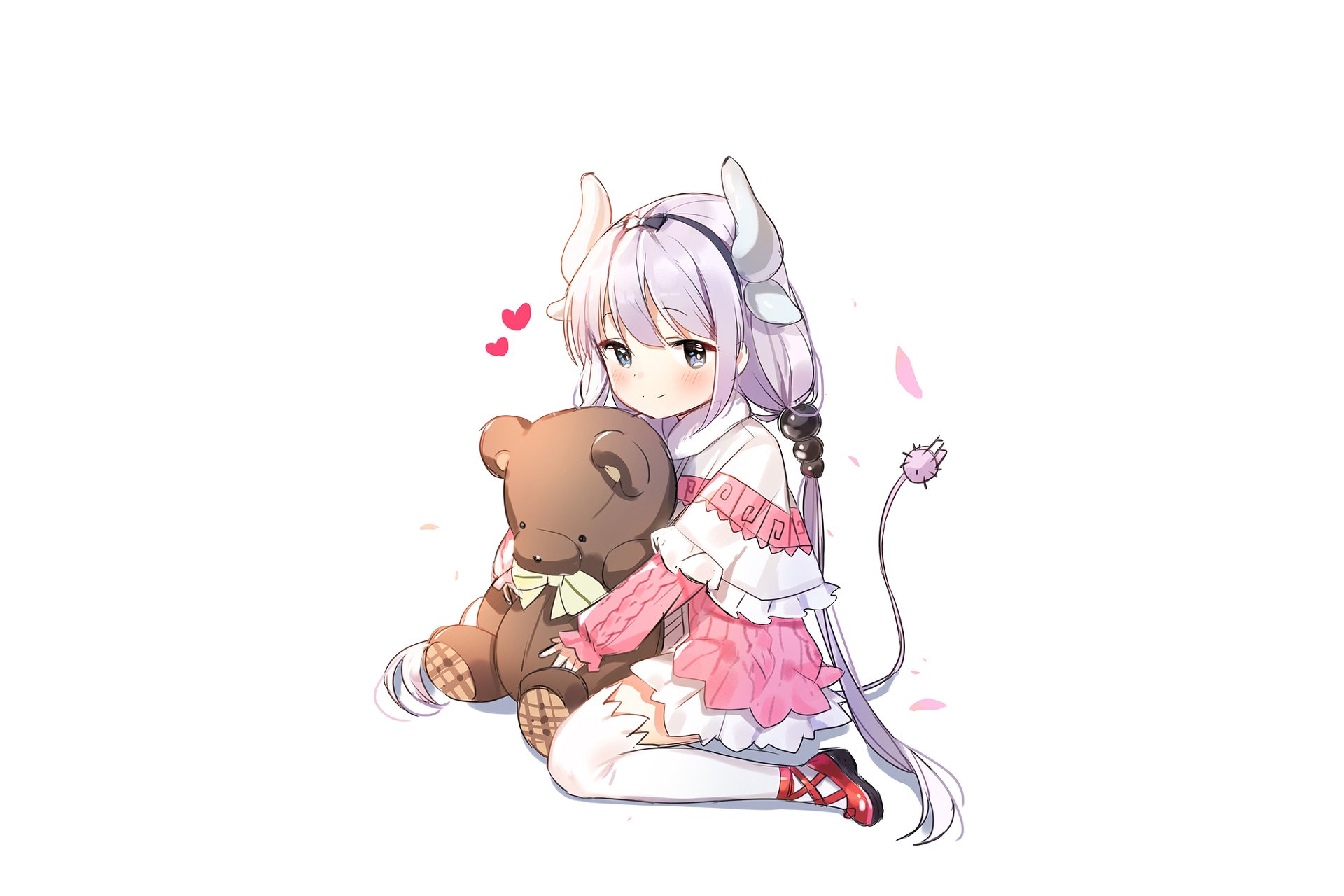 HD anime desktop wallpaper featuring Kanna Kamui from Miss Kobayashi's Dragon Maid sitting with a large teddy bear, surrounded by soft pink hearts.